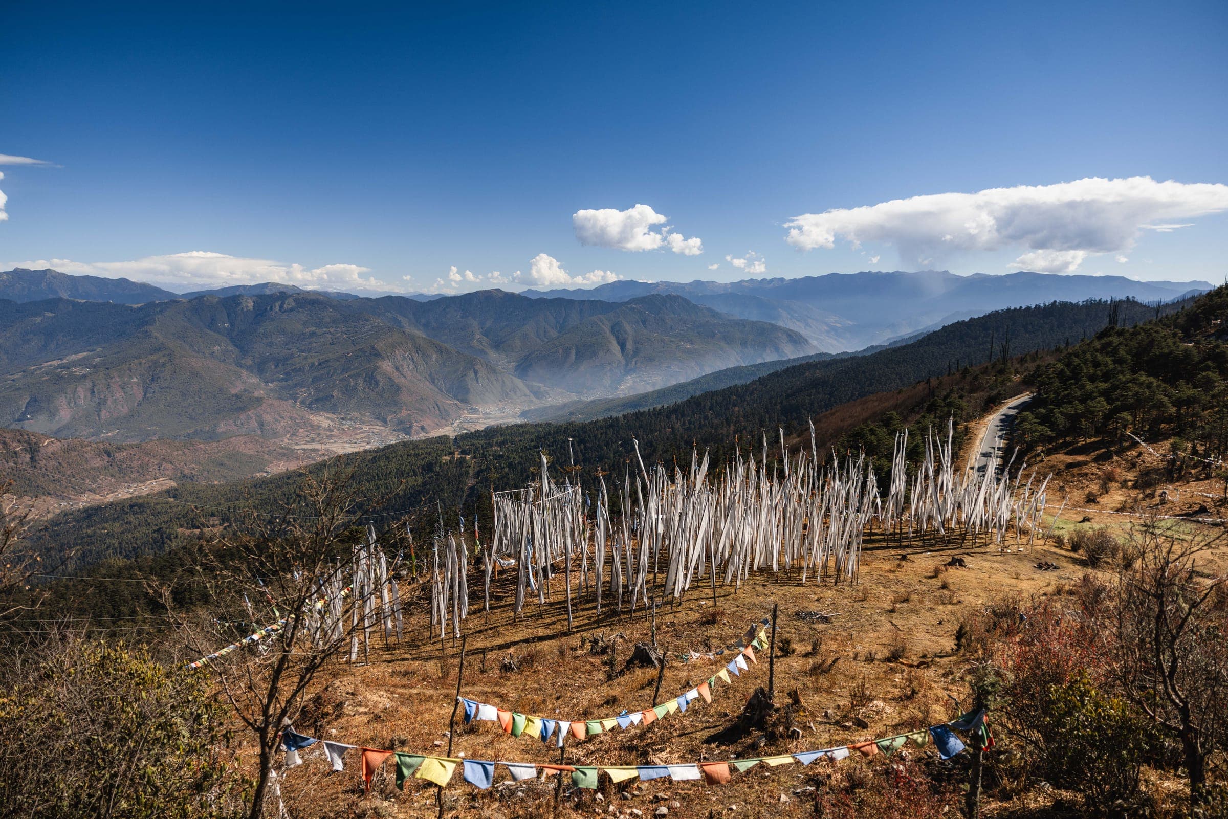 Prayer flags on a hillside overlooking a Himalayan valley