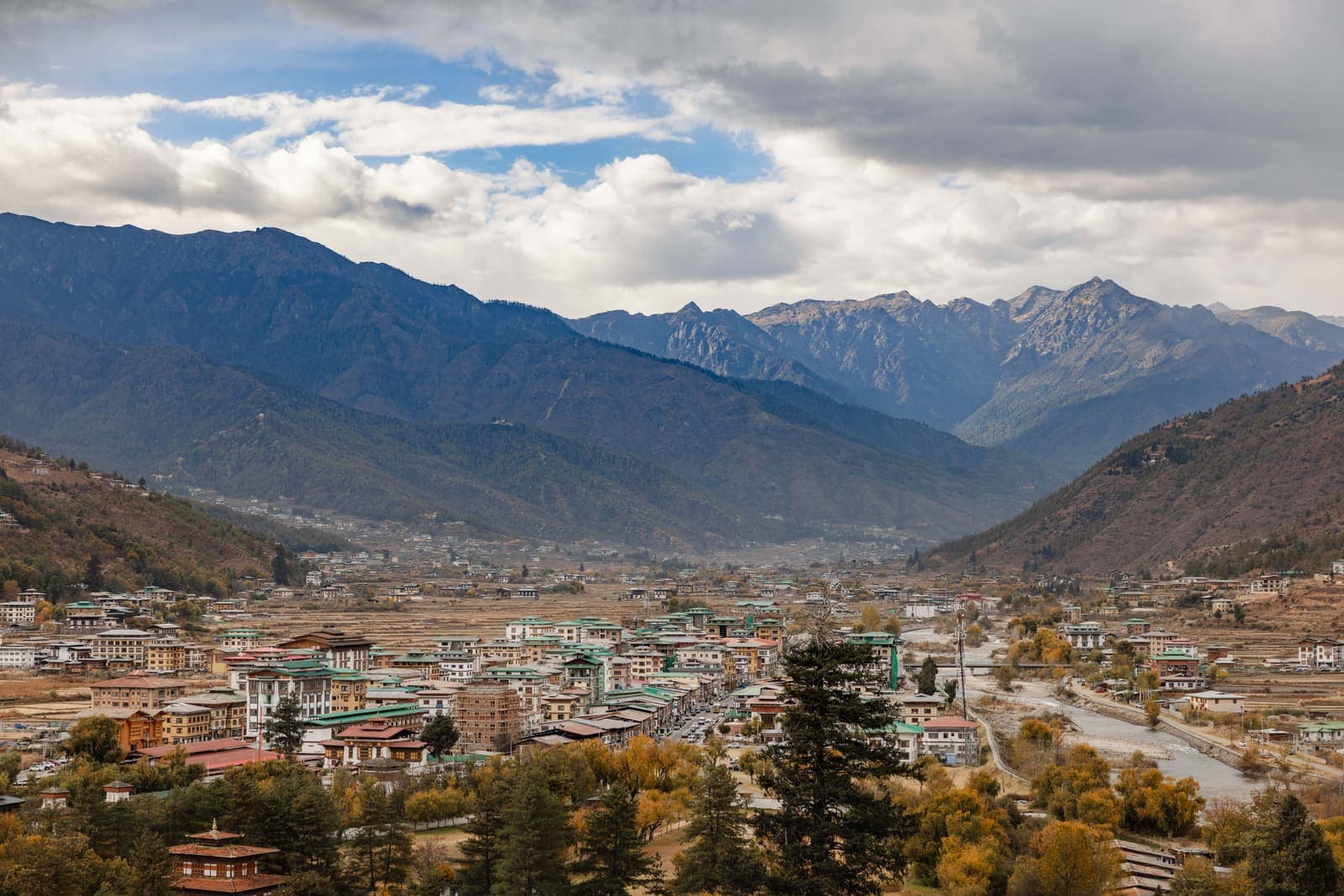 The Paro valley below snow-dusted mountains