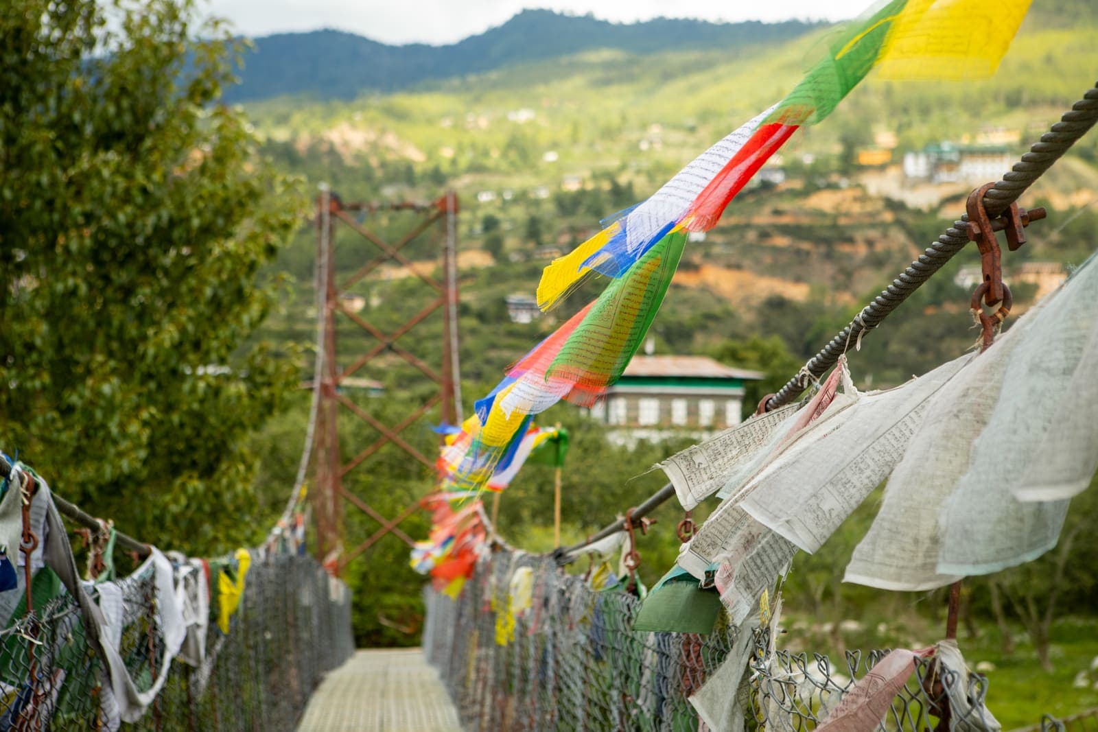 Prayer flags strung above a walkway in Paro
