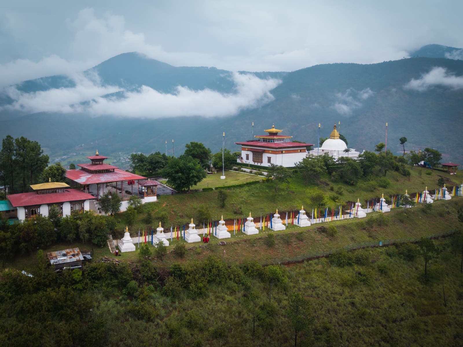A hilltop nunnery overlooking the Punakha valley from above