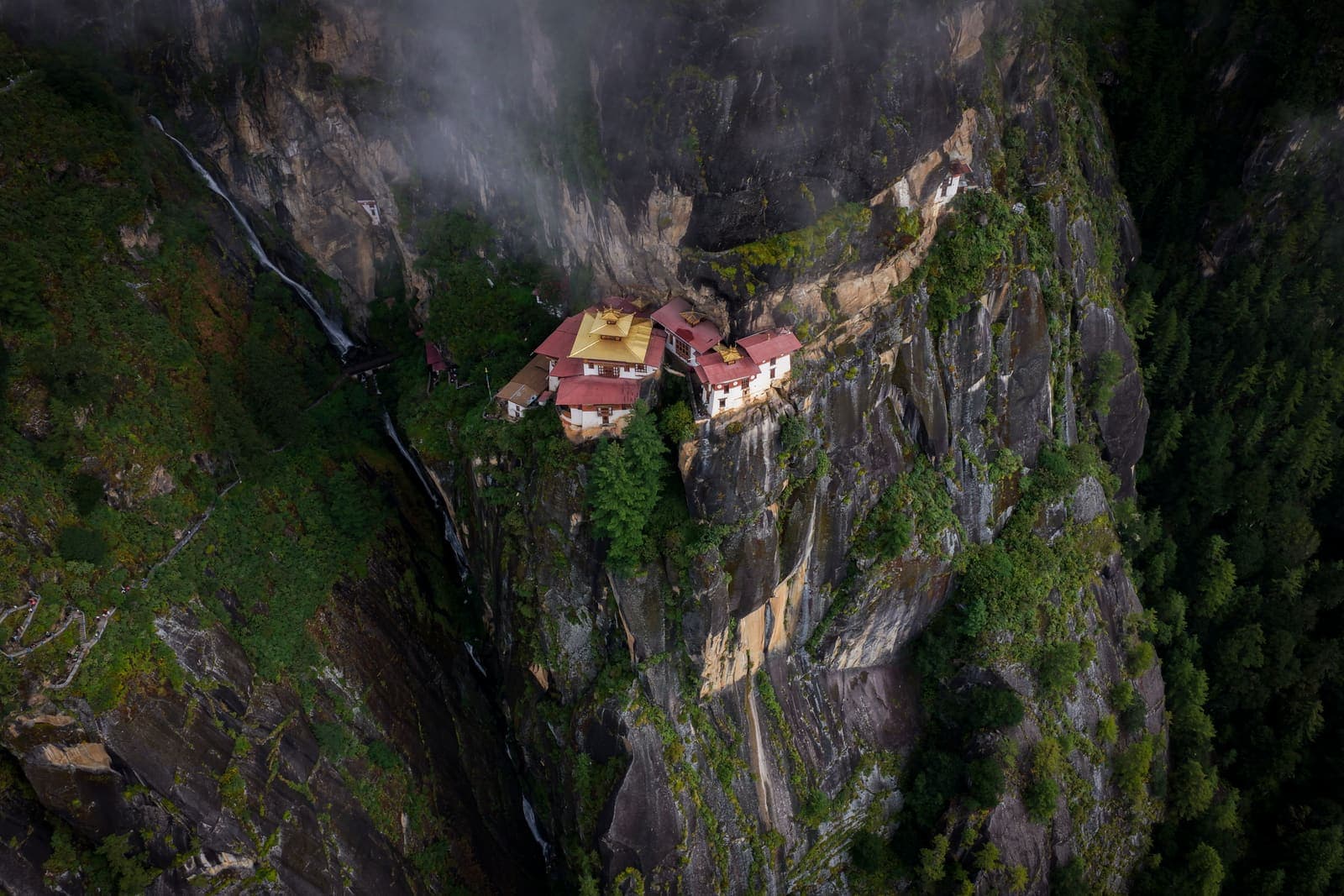 The Tiger's Nest monastery on its sheer cliff seen from above